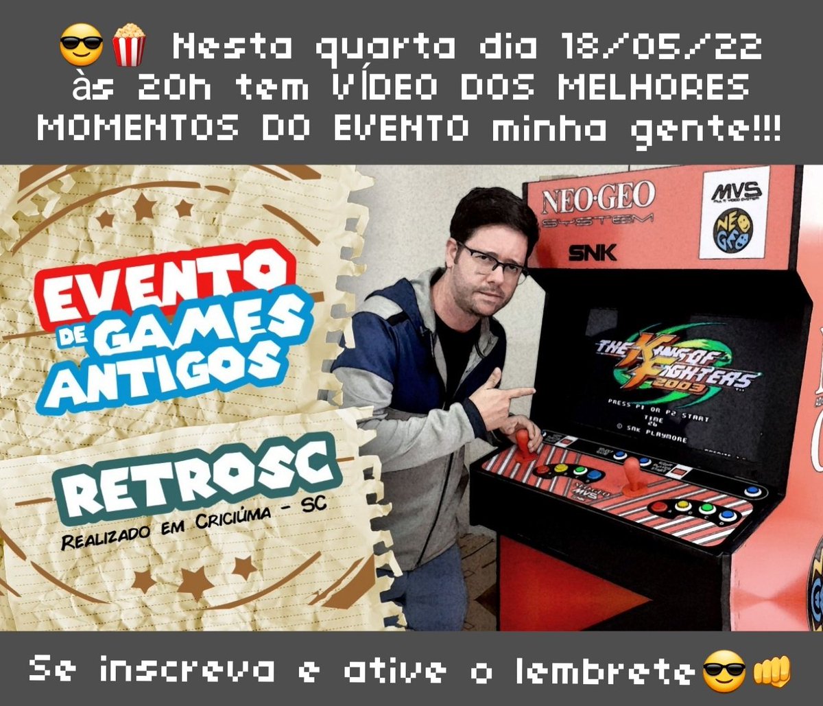 DigoBithencourt's tweet photo. 😎🍿 É amanhã galera, vídeo dos melhores momentos do evento de games antigos realizado em Criciúma/SC pela @retro_sc
😉 Link da estreia https://t.co/MUaOfNt6CI
👨💻 #retrosc #rodrigobithencourt #gamesretro #gamesantigos #Atari #fliperama #arcade #nintendo #nintendinho #megadrive https://t.co/YgcLEOEMd5