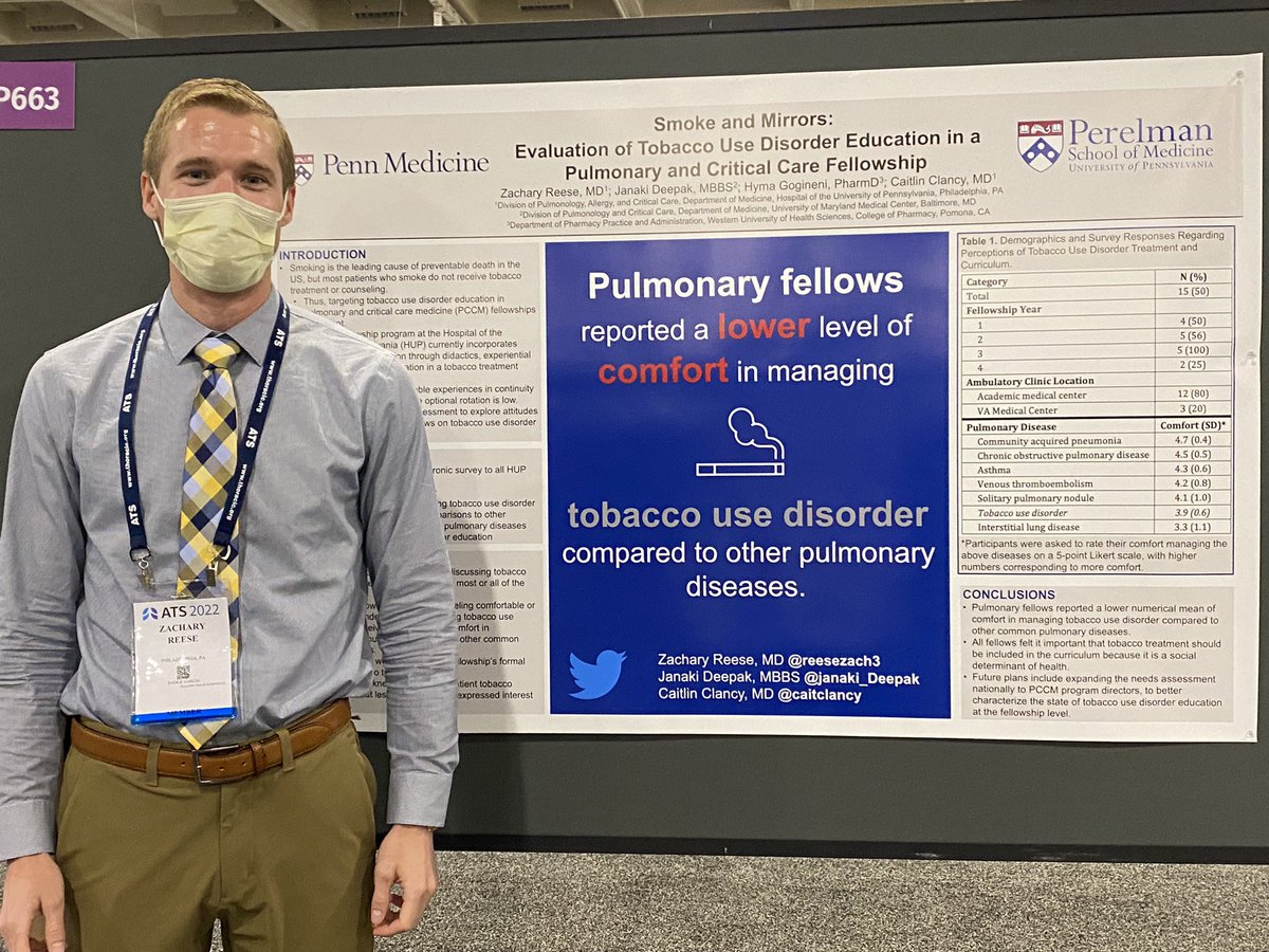 Current chief fellow <a href="/reesezach3/">Zach Reese, MD</a> presents “Smoke and Mirrors: Evaluation of Tobacco Use Disorder Education in a Pulmonary and Critical Care Fellowship”. Important prelim study on state of tobacco education in fellowship. Bigger study to come. Stay tuned. <a href="/PennPulmonary/">PennPulmonaryFellowship</a> #ATS2022