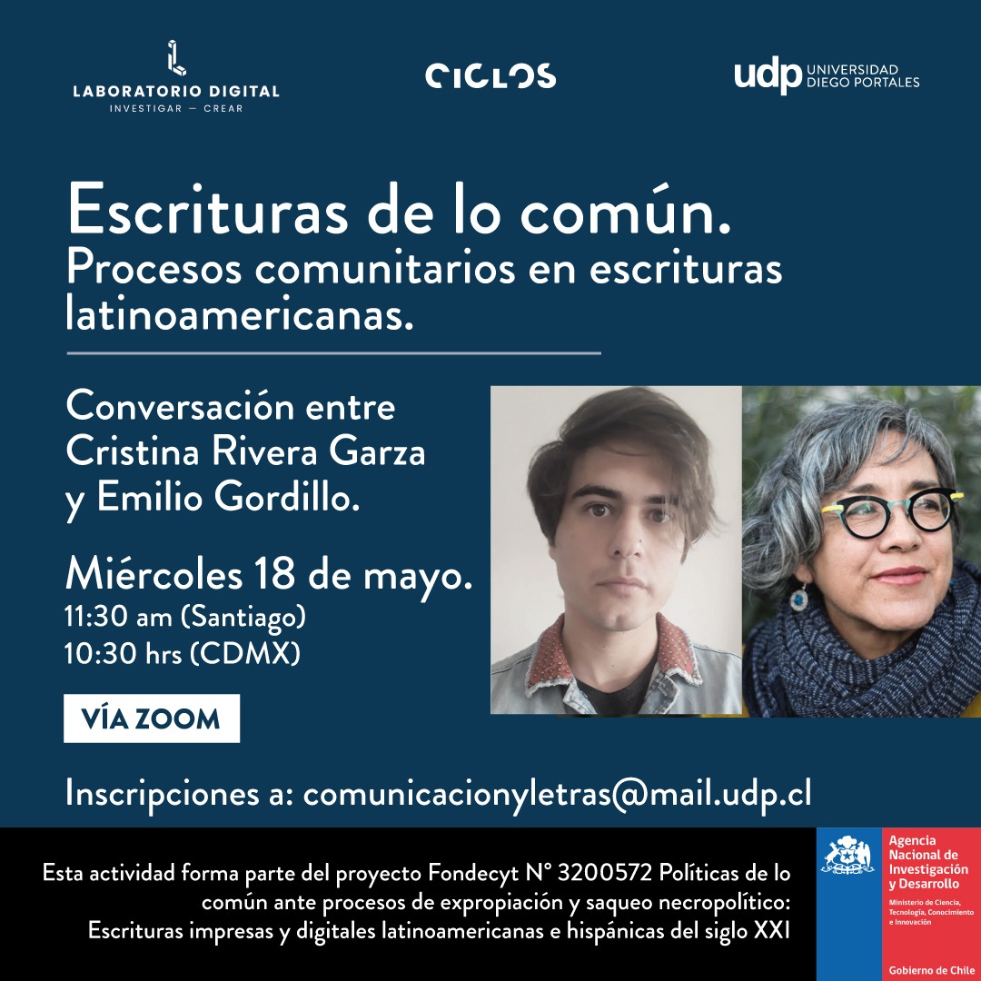Ciclos_udp's tweet photo. 🔜Invitamos a participar, mañana 18 de mayo (11.30 hrs) vía Zoom, en el conversatorio "Escrituras de lo común", que sostendrán la escritora y catedrática Cristina Rivera; junto a Emilio Gordillo, investigador postdoctoral del @DigitalLabUDP✔️

👉🏼Detalles: https://t.co/X4peJetVHj https://t.co/wLsMdbV6HR