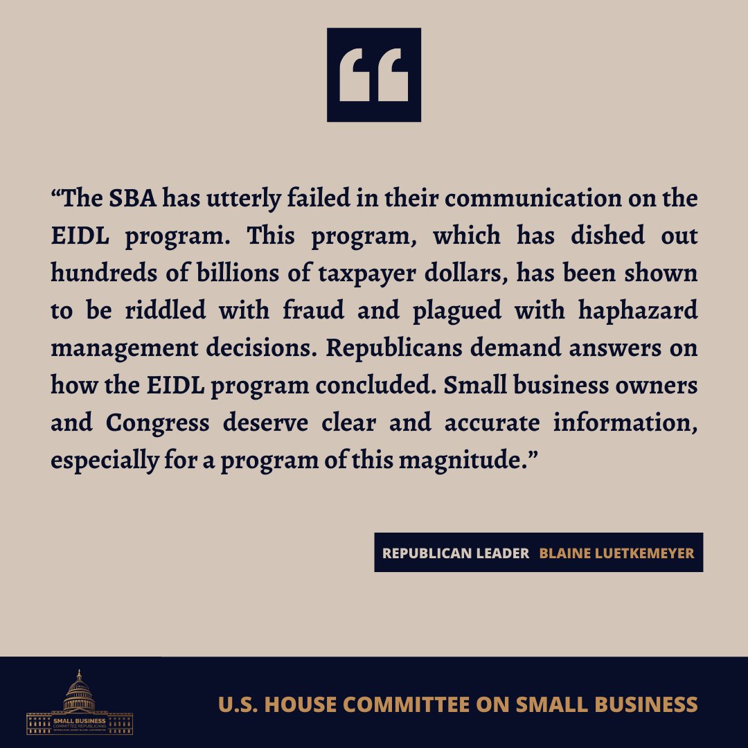 HouseSmallBiz's tweet photo. READ: The @SBAgov EIDL program has been riddled with fraud since it’s its inception and the SBA has failed to communicate regularly and properly with small business owners, per @RepBlaine below. https://t.co/EOaKBwklXB