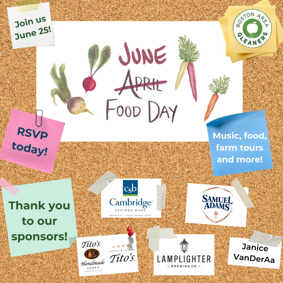 bostonareaglean's tweet photo. RSVP today for April Food Day in June! This event will be on June 25th at Stonefield Farm, featuring complimentary cocktails, food available for purchase from fantastic local food trucks, farm tours, an auction, &amp; more! Proceeds will support the Gleaners' work across New England. https://t.co/7vSt2yq5Xk