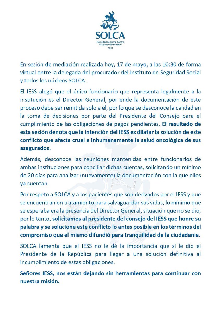 SolcaGuayaquil's tweet photo. Comunicado oficial al @IESSec sobre sesión de mediación.
@SolcaCuenca @solcademachala @Solca_Manabi @solcaambato1 @solca_loja #SolcaQuito https://t.co/XchdtQhGuF