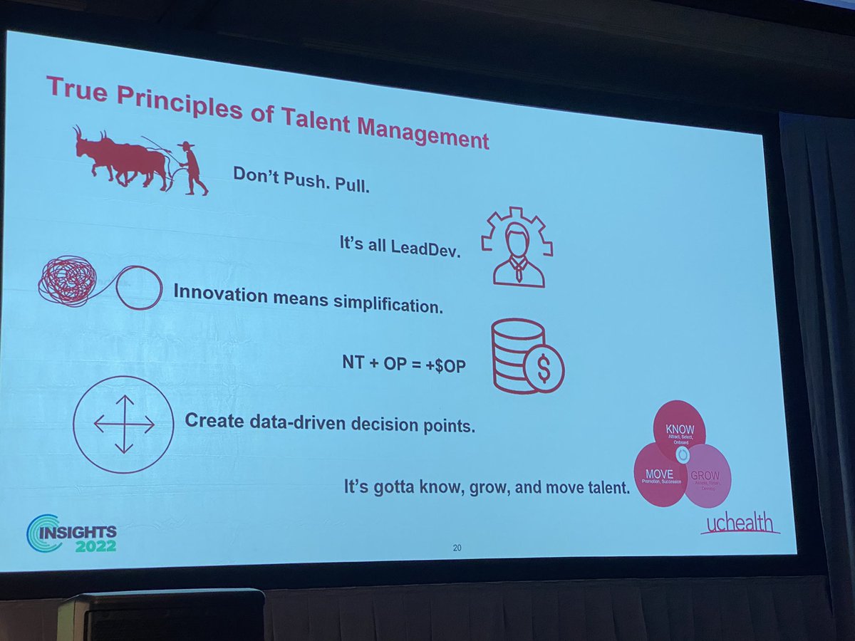 StaciaGarr's tweet photo. Matt Gosney of @uchealth sharing important principles of talent management. My favorites are the two in the middle — Innovation means simplification and NT (new tech) + OP (old process) = more expensive old process. #insights2022 @perceptyx https://t.co/nW5WnDfixb