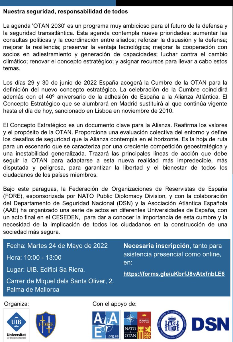 ARIBAL_RV's tweet photo. Este 24 de mayo a las 10:00h en edif. Sa Riera de la @UIBuniversitat de #Palma

«NUESTRA #SEGURIDAD, RESPONSABILIDAD DE TODOS»

Inscripción:
https://t.co/281CXgj8MP

#ARIBAL #RESERVISTASVOLUNTARIOS
@FORE_CIOR_ES

@NATO @SpainNATO @Defensagob @INCIBE @CESEDEN_OFICIAL @EMADmde https://t.co/YoLIMGFaon