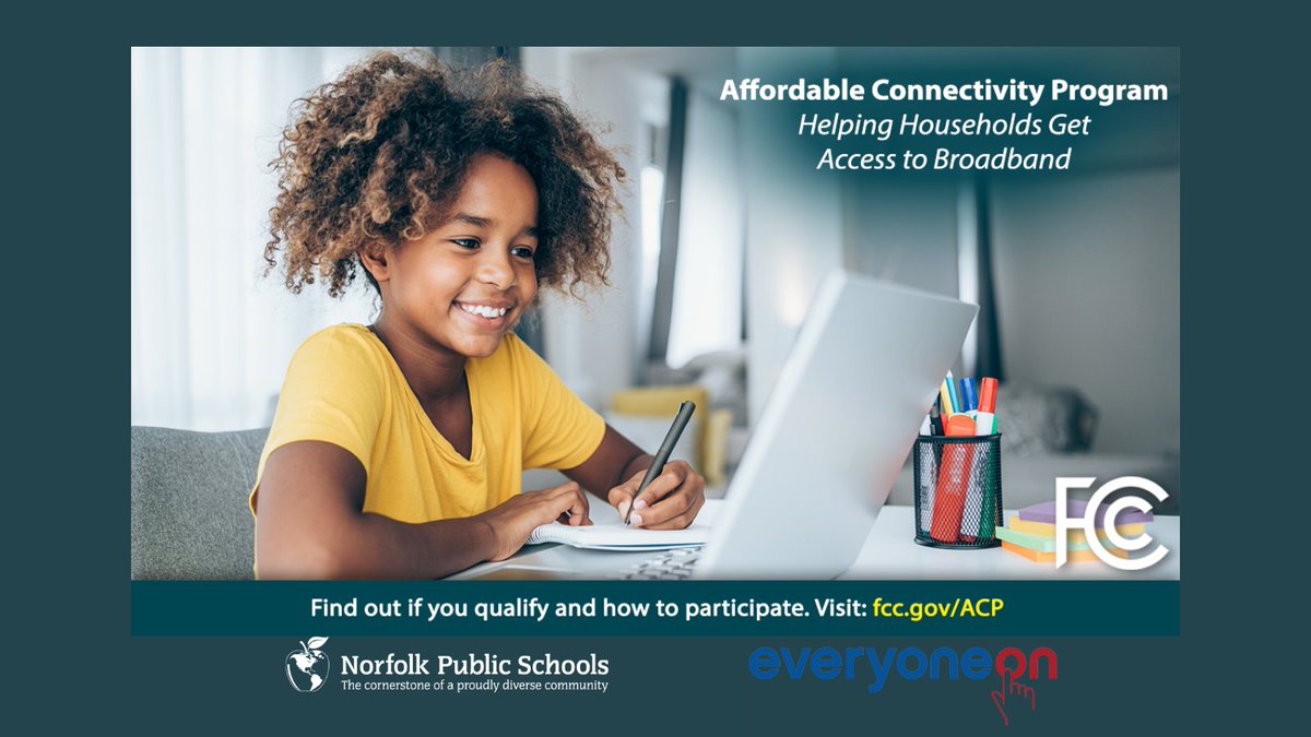 All NPS families qualify! Obtain internet service or lower your bill through the federal Affordable Connectivity Program. Up to $30/month off broadband service &amp; a one-time discount for a device. Apply at acpbenefit.org Need help? support@everyoneon.org or 301-539-9192.