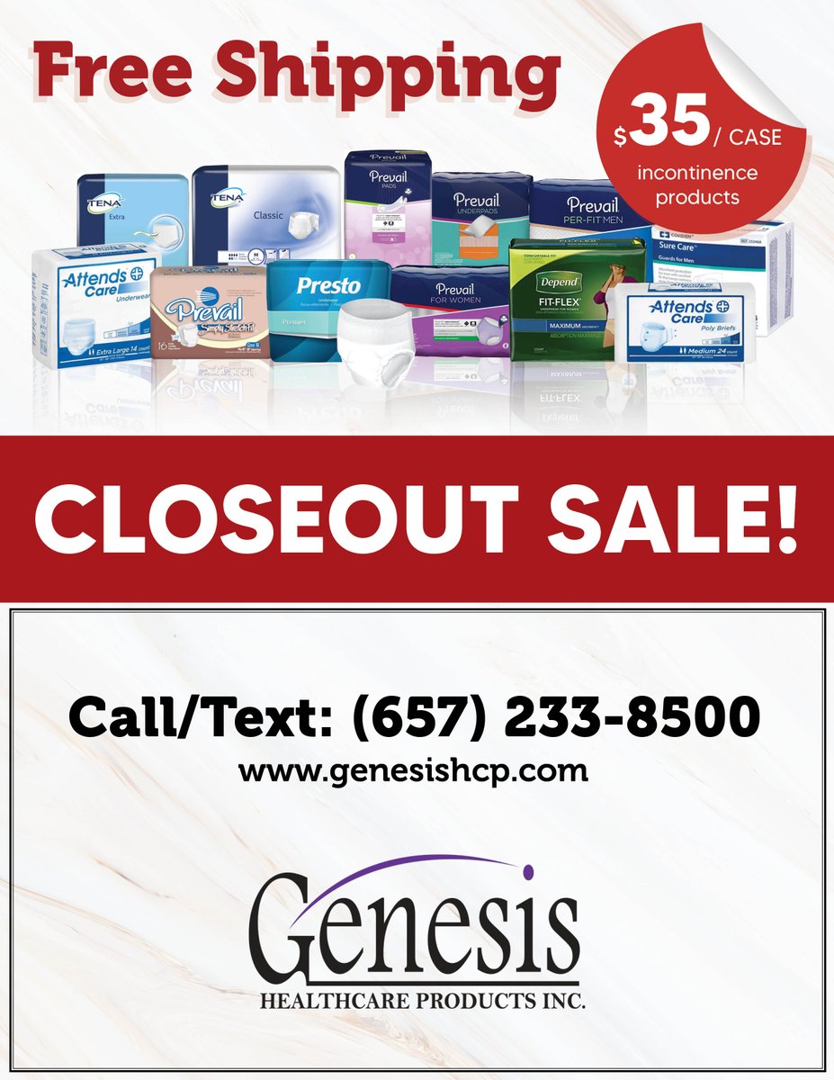Genesishcp_'s tweet photo. CLOSEOUT SALE! Free shipping for every $35/case!

Just call 657-233-8500

#closeoutsale #genesisknows #incontinence https://t.co/HwKANZ2TVx