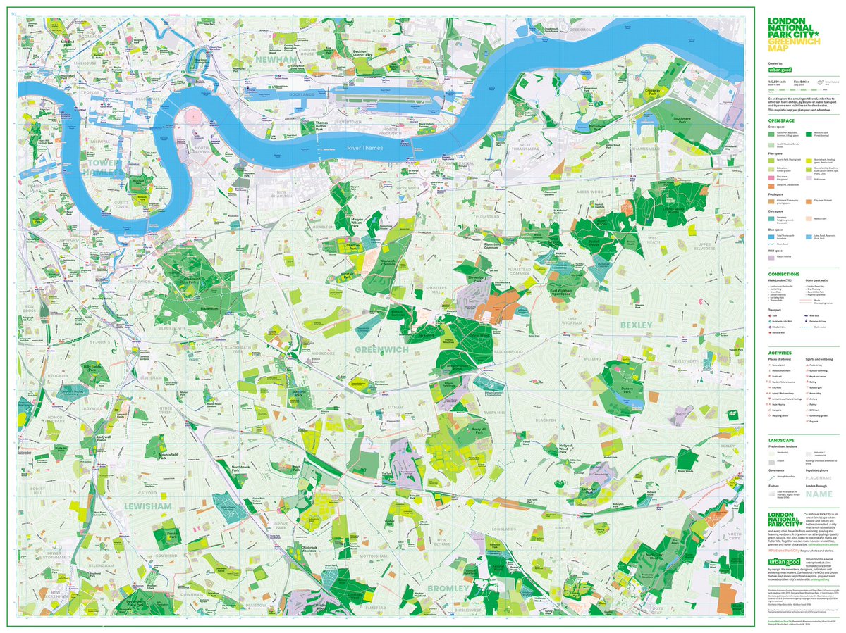 UrbanGoodCIC's tweet photo. This could be one for @RMGreenwich 

The #Greenwich #NationalParkCity map. All the parks, commons, playing fields, cemeteries, wetlands, waterways, woodlands - joined up with amazing walks and pubic transport links. 

Look at that green chain! 

Available via @turnarounduk https://t.co/2j6RW83D94
