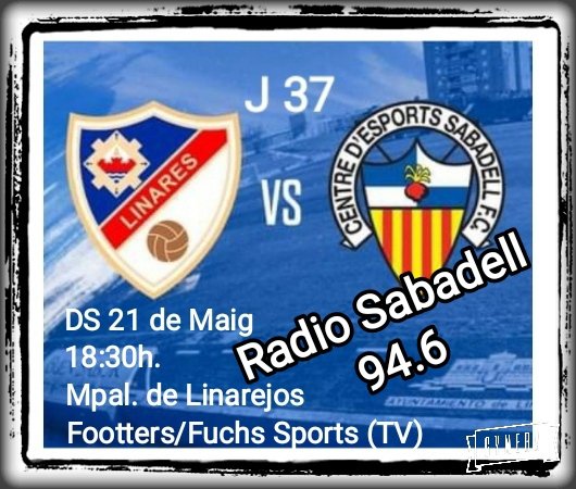 loscalifas2011's tweet photo. Partidazo!!!

🏆 J37 #PrimeraRFEF 
⚽ @Linares_Dptvo - @CESabadell 
🏟️ Mpal. de Linarejos
🗓️ Sábado 21 de Mayo
🕡 18:30h.
📺 Footters/Fuchs Sports
📻 @RadioSabadell 94.6
🟢 Grupo WhatsApp peñistas

#CalifasArlequinados 
#JuntsTornarem 
#Futbol
#4de5 https://t.co/HFLsgge0Cy