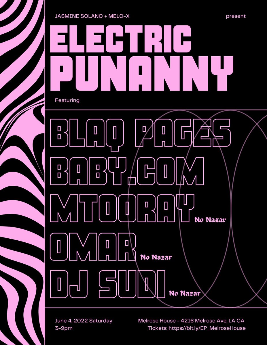 we are back 😎 June 4th day party 3-9pm ft. <a href="/xo_JSMN/">Jasmine Solano</a> <a href="/MeLoXTRA/">.melo-x</a> <a href="/blaq_pages/">Blaq Pages</a> <a href="/babygoinglobal/">the hottest url</a> <a href="/MTooray/">Malinder</a> <a href="/omarmakesmusic/">Omar ؏</a> <a href="/djsudi/">sudi</a> at Melrose House ⚡️ get your tix early, this will sell out 🎟 bit.ly/EP_MelroseHouse