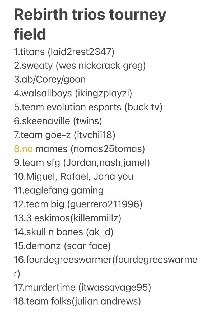 gOOnplatOOn717's tweet photo. Rebirth tournament has been moved up to this Saturday 5/21/22 2pm-3:30pm est. if you are a captain of one of these teams please dm me, thank you all https://t.co/X8VUJ8Gfm9