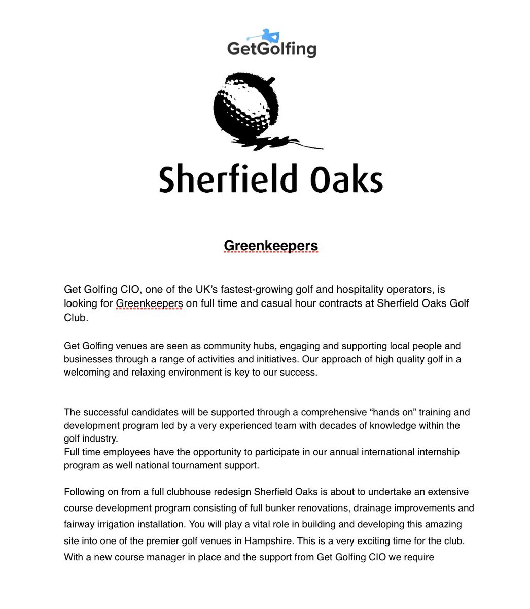 GetGolfingCM's tweet photo. Sherfield Oaks GC are hiring; expanding the team as we prepare for full course redevelopment. Various roles, fantastic opportunity to gain construction experience. Contact myself or @rdpatton88 for further information #getgolfing https://t.co/qecc87JNEF