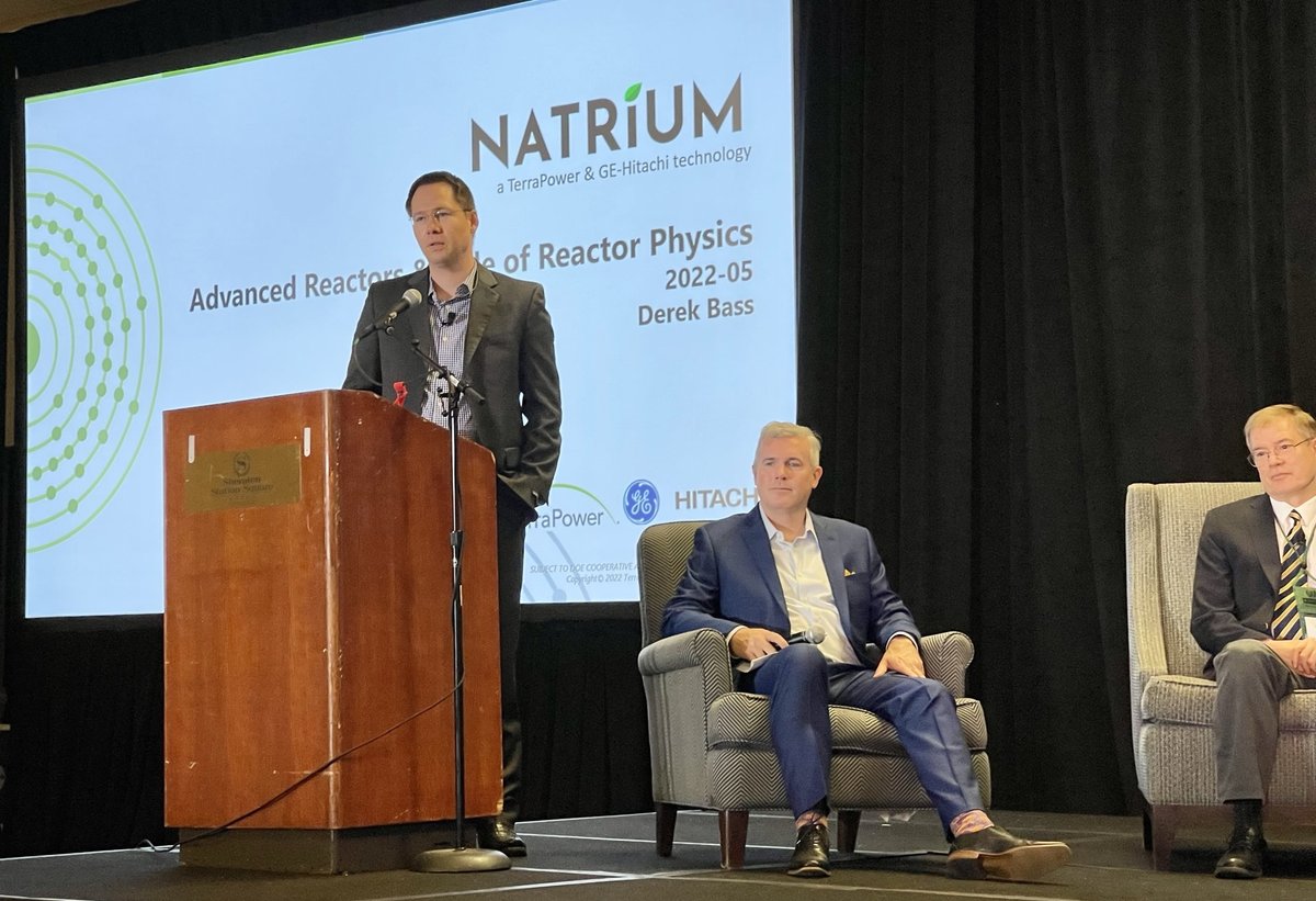 gvhnuclear's tweet photo. GEH's Derek Bass spoke at the @ANS_org #PHYSOR conference today about how the Natrium™ plant level cost saving strategies are enabled by the inherent nuclear physics within the reactor. Natrium is a @TerraPower and GE Hitachi technology. https://t.co/tI5WBKsezR