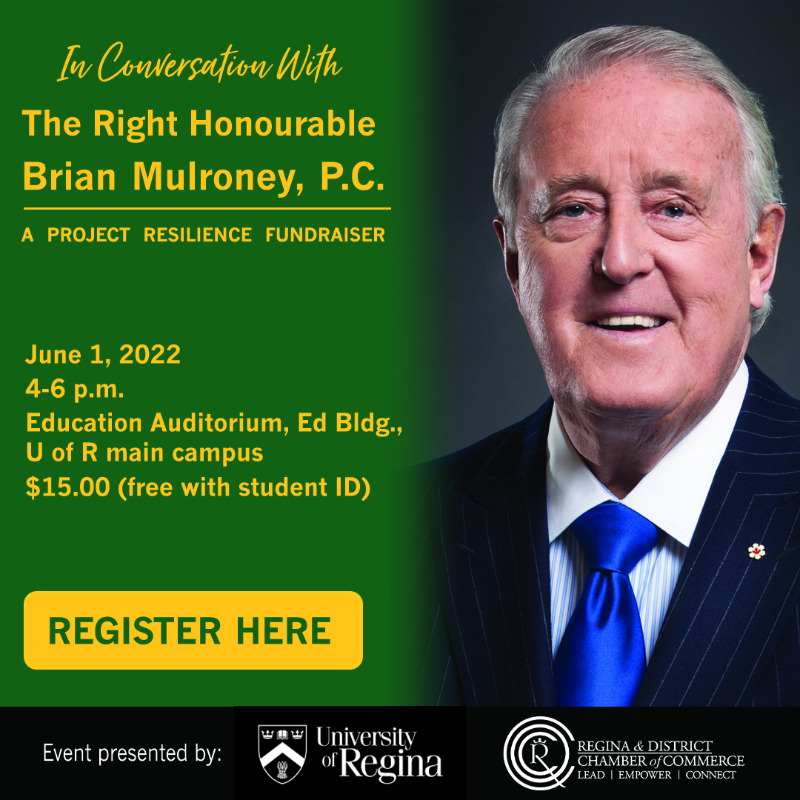 UofRegina's tweet photo. Join us on June 1 for a Project Resilience fundraiser as the #UofRegina and @ReginaChamber present a virtual chat with former Prime Minister, Brian Mulroney!

Get your tickets now! 🎟️
