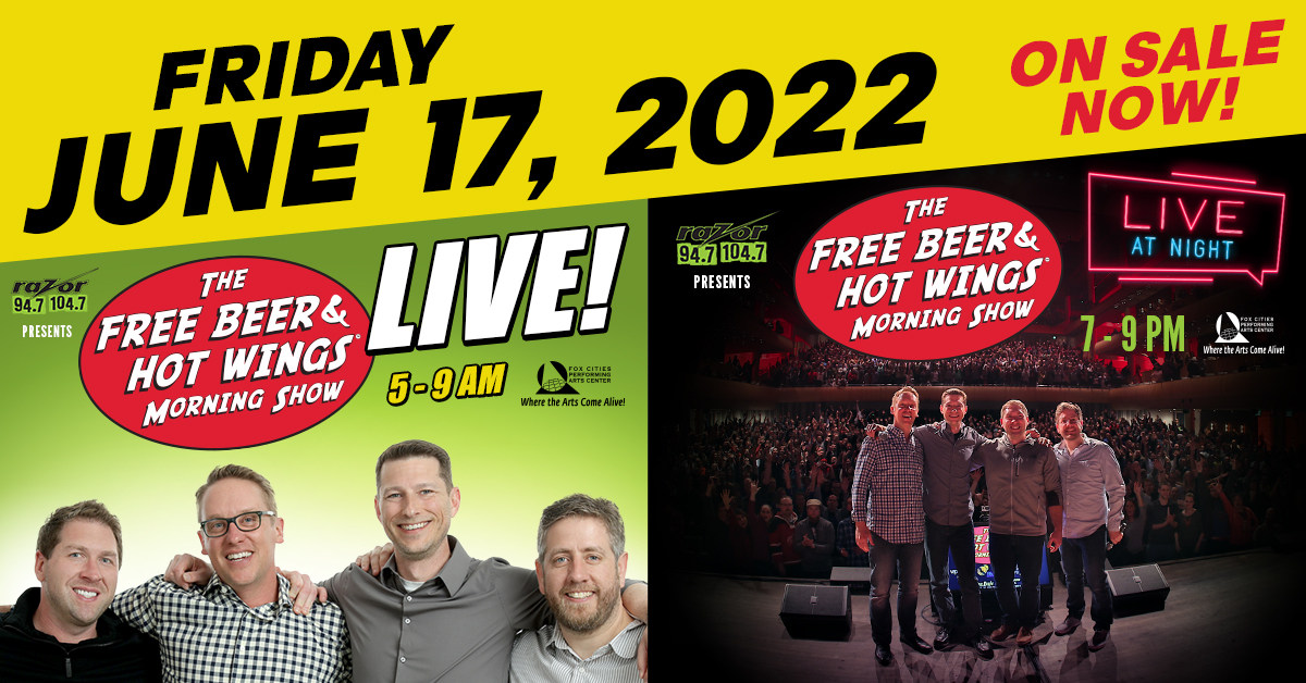 RazorWisconsin's tweet photo. .@fbhwshow are coming to the @FoxCitiesPAC on Friday, June 17th!

See them do their morning show live at 5AM, and share a night of laughs as they perform their "off radio" Live at Night show at 7PM!

👉 https://t.co/JYgfdMkJKB https://t.co/NYzYUFU9eU