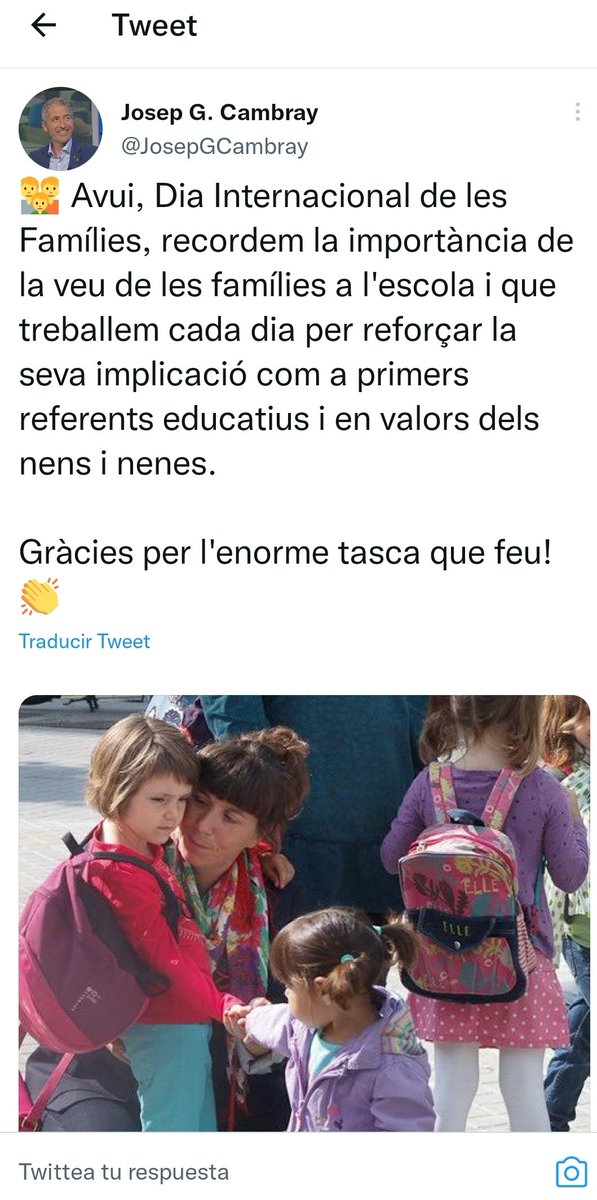 Li recordem la importància de la veu de les famílies <a href="/JosepGCambray/">Josep G. Cambray</a>. Com ja sap, porten molt de temps demanant una normativa justa per poder votar democràticament l'horari escolar. Volem fets no paraules!! #volemjornadacontinua <a href="/JuntsXCat/">Junts per Catalunya🎗</a> <a href="/salvadorilla/">Salvador Illa Roca</a> <a href="/podemeducacio/">Àrea Educació Podem Cat</a> <a href="/CiutadansCs/">Ciutadans</a>