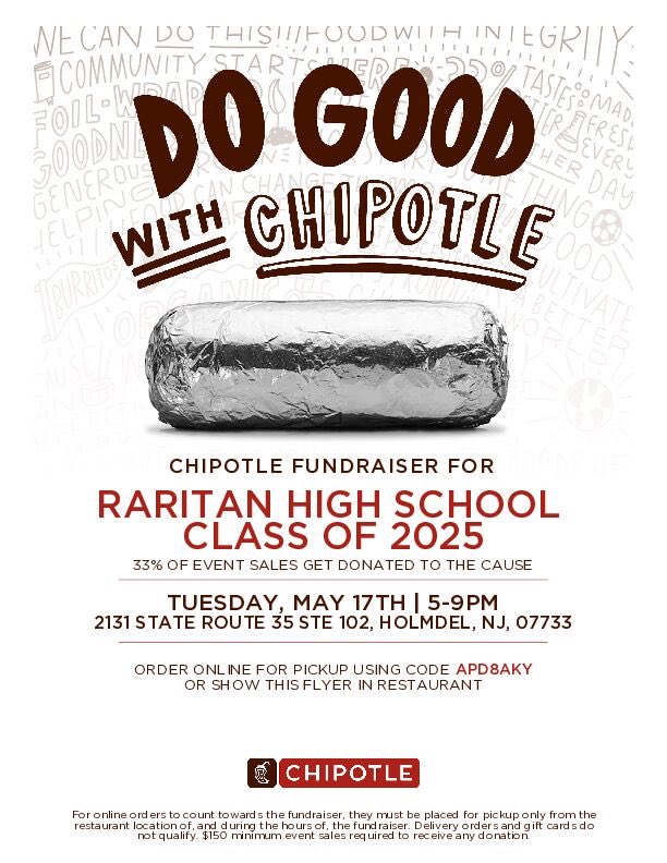 RHS_2025's tweet photo. FUNDRAISER!!!  Giving back never tasted so good! 
Stop by Chipotle for our fundraiser today (5/17) from 5-9pm and they’ll donate 33% of the proceeds to our class.  For online orders use code ADP8AKY
🌯Click here for more details: 
https://t.co/UUbwnKCsgd #ChipotleFundraiser https://t.co/IzfaEn5gUS