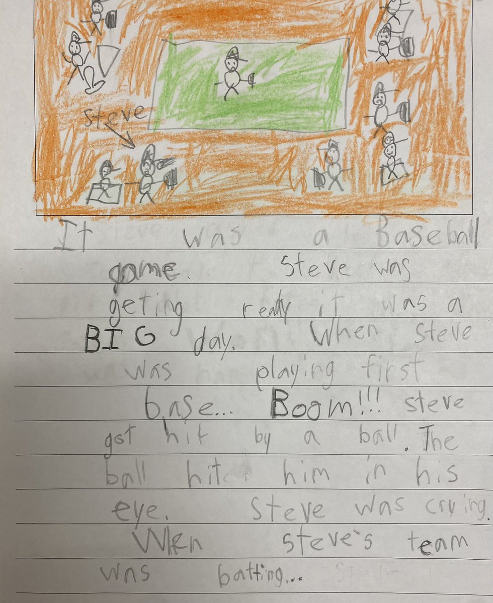 Ms_Silverboard's tweet photo. First semester this student struggled with phonemic awareness skills…including rhyming and blending. Fast forward to May and check out this realistic fiction writing…without any teacher help! Explicit phonics instruction works y’all. So proud of this kiddo. https://t.co/Bk69ead6W8