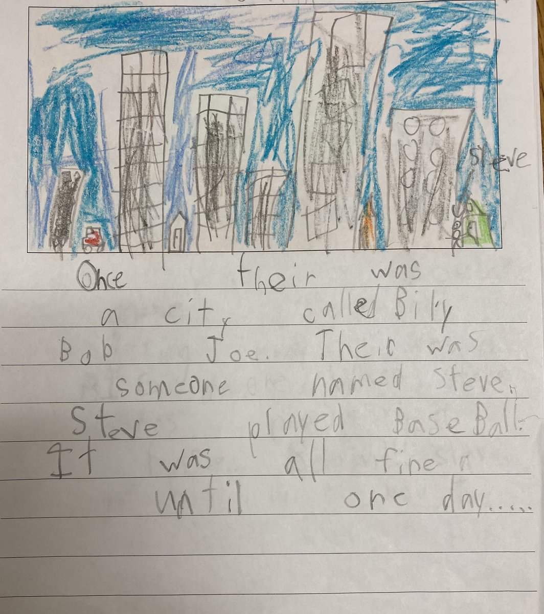 Ms_Silverboard's tweet photo. First semester this student struggled with phonemic awareness skills…including rhyming and blending. Fast forward to May and check out this realistic fiction writing…without any teacher help! Explicit phonics instruction works y’all. So proud of this kiddo. https://t.co/Bk69ead6W8