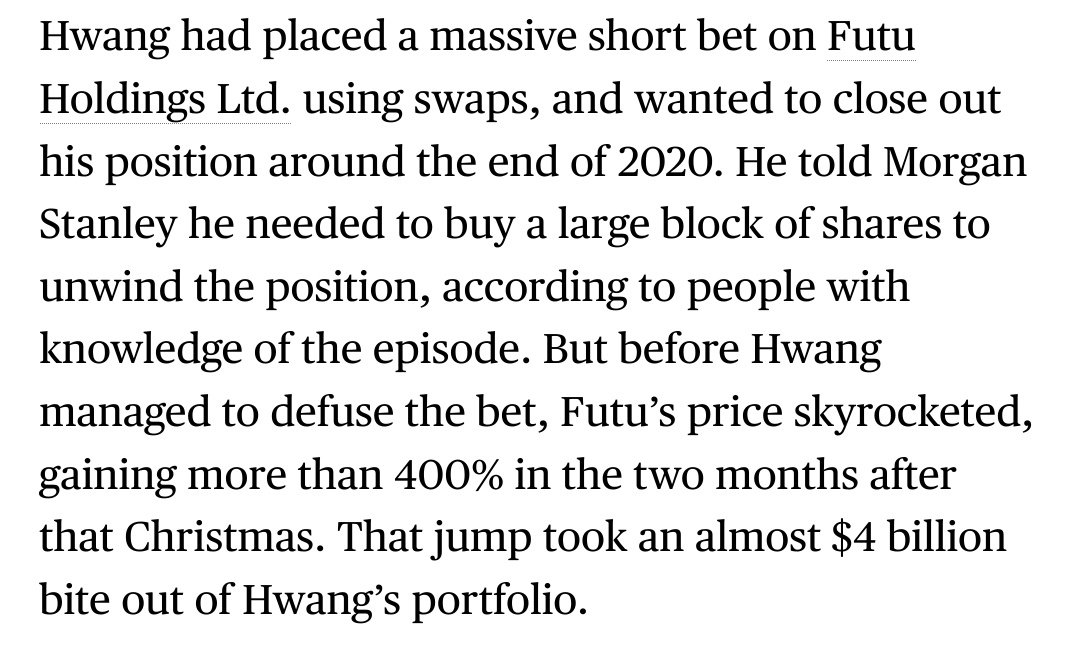 s1mp4j3sus's tweet photo. There it is, solid proof that credit default swaps can conceal short interest. It'd have taken ~90,000,000,000 shares sold short for Archegos to hit these losses on a 400% climb.
At Dec 2020:

FUTU reported SI%: 13.1%
Archegos short position: >= 587.24%

$GME still on the table. https://t.co/fWh2CtrAf4