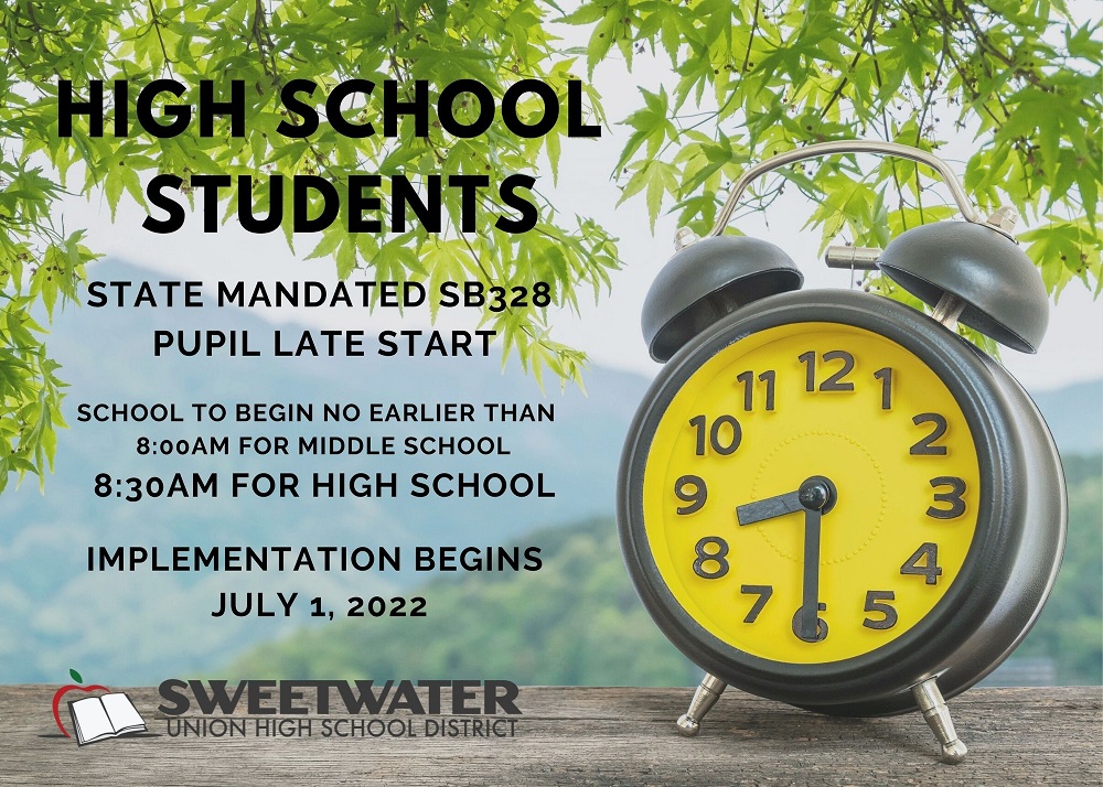 SUHSD's tweet photo. ICYMI #SUHSD: State Mandated #SB328 student late start will go into affect July 1, 2022. This means school will begin no earlier than 8:00am for middle school/
8:30am for high school students. Contact your schools site for bell schedules, transportation &amp; athletic times/details. https://t.co/HJWGVkXxCD