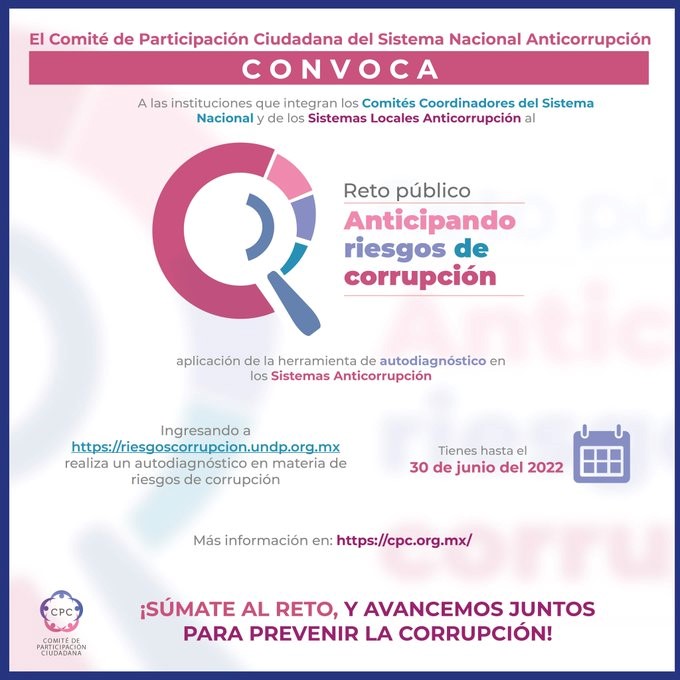 SESNAOficial's tweet photo. 🤜 ¡SÚMATE AL RETO! 🤛
Para prevenir y en su caso mitigar; realiza el Autodiagnóstico de Riesgos de Corrupción e identifica alertas ⚠ en esta materia.
#RetoPúblico
#CORRUPCION
#joinchallenge
🙋♀️Conoce y participa https://t.co/ZunGZOATDp
@USAIDMX
@PNUD_Mexico
@CpcRed https://t.co/acG9HJK7en