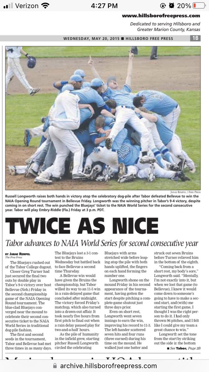With the Tabor baseball game versus Bellevue in a weather delay, I’m flashing back 7 years to another rain-delayed game at Bellevue. One of my most memorable moments on the Bluejay baseball beat.