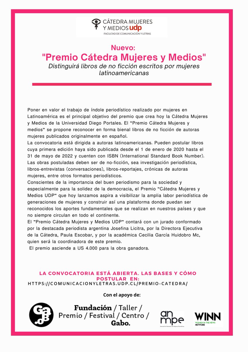MujeresyMedios's tweet photo. Se lanza Premio Cátedra Mujeres y Medios para autoras latinoamericanas de no ficción. 
📆➡️Abierto hasta el 30 de agosto.
Conoce acá las características y las bases ⬇️
https://t.co/Ij4Xd9dghB https://t.co/CcW5IOOsaK