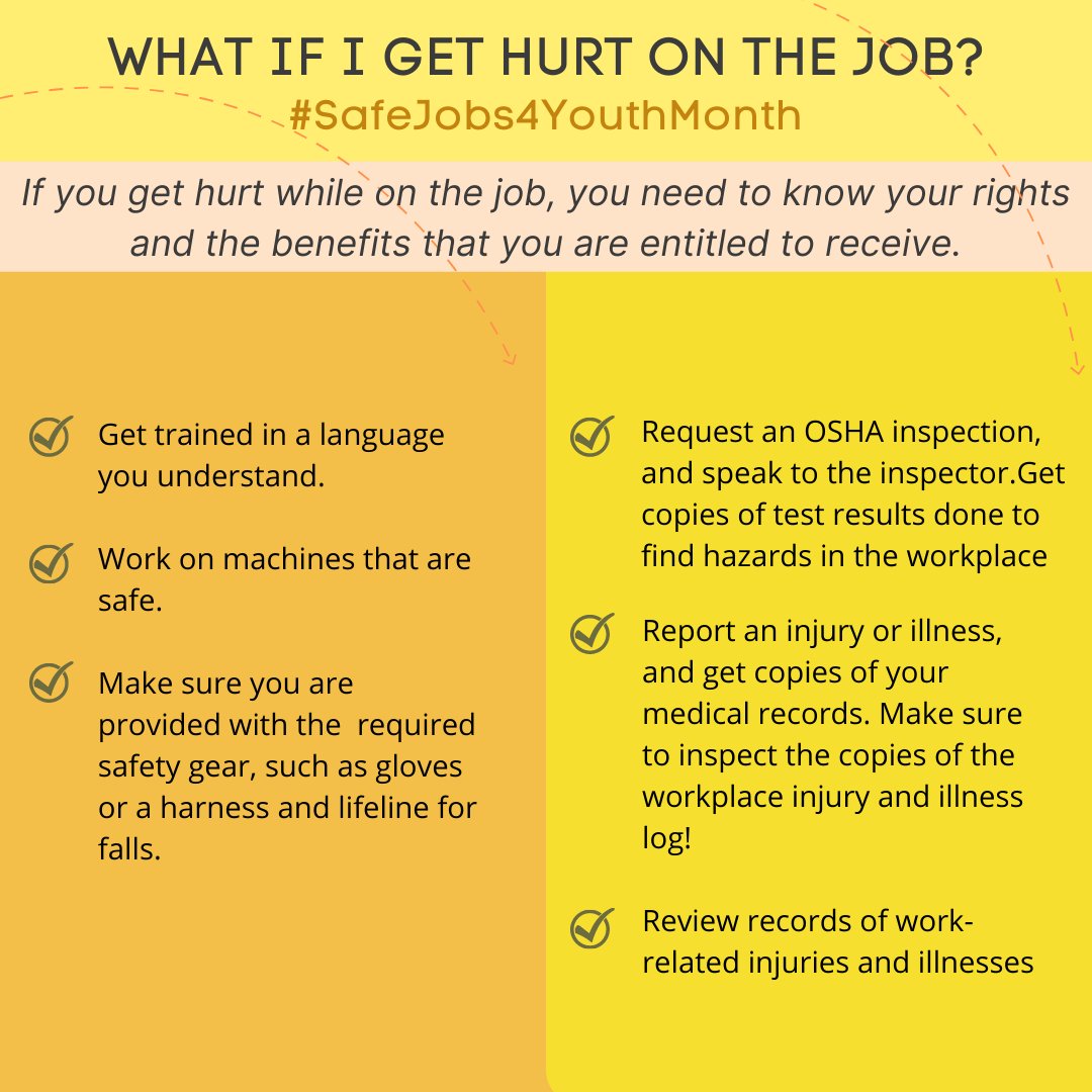 Tell your supervisor right away if you are injured at work! You can’t be fired for reporting an injury, a workplace hazard, or other safety problems. Learn more about your rights at youngworkers.org. #SafeJobs4Youth #SJ4YM #YWCA #LaborJustice #YoungWorkers
