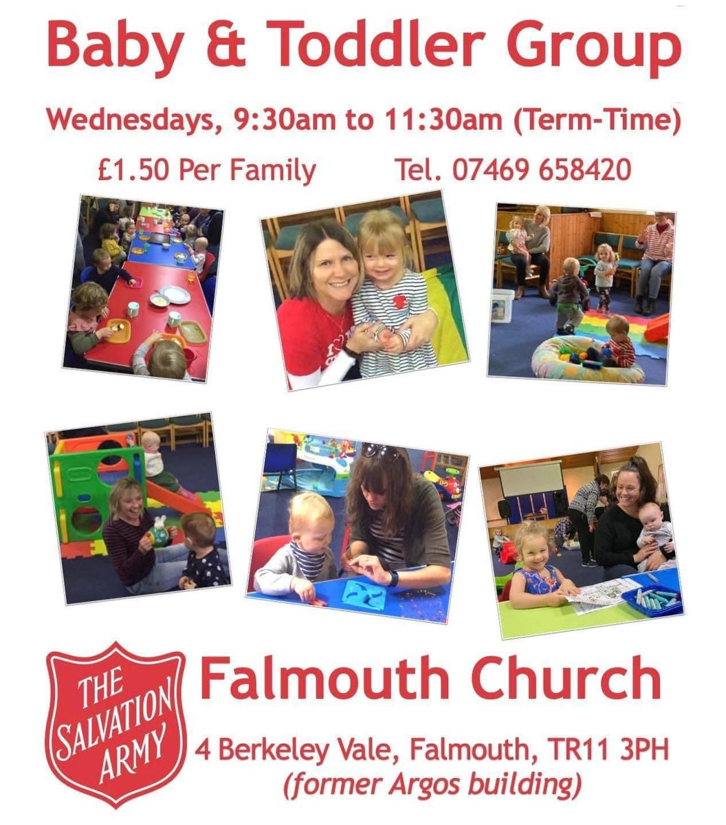 Tomorrow is Wednesday which means it’s time for our ‘Baby &amp; Toddler Group’.  

Come and join us at 9:30 until 11:30 as we have fun playing, singing, eating, listening to a story and making craft!

#falmouth #parentandtoddler #babyandtoddler #thesalvationarmy
