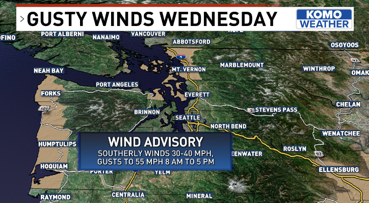 ShannonODKOMO's tweet photo. While we'll again deal with some spring rain Wednesday, it will be the WIND that steals the show this time. An unusual May WIND ADVISORY is in place tomorrow, and gusts topping 50 mph may bring down branches or power lines. #WAwx https://t.co/ASb8rUxFHX
