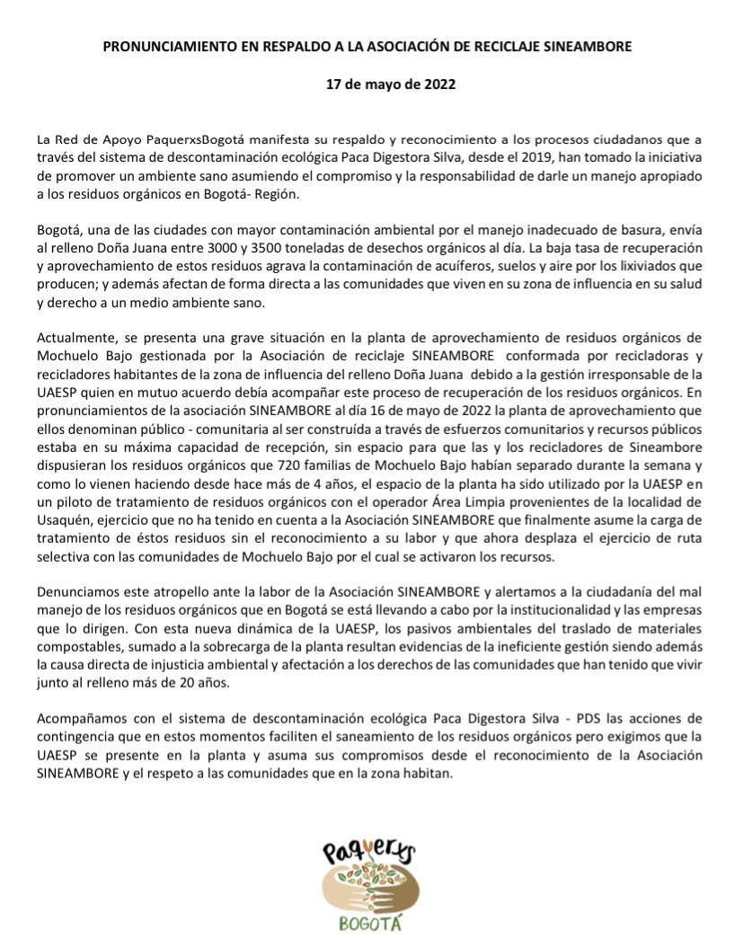 PaquerxsBogota's tweet photo. La Red de Apoyo PaquerxsBogota respalda a la Asociación SINEAMBORE y exige respuesta a la UAESP por la actual situación que se presenta en la planta de aprovechamiento en Mochuelo.
@sineambore_oficial
#LaRutaFuerteEnRiesgo
#Todxsconmochuelo
#PaquerxsBogotaconMochuelo https://t.co/7YAmsISVgB