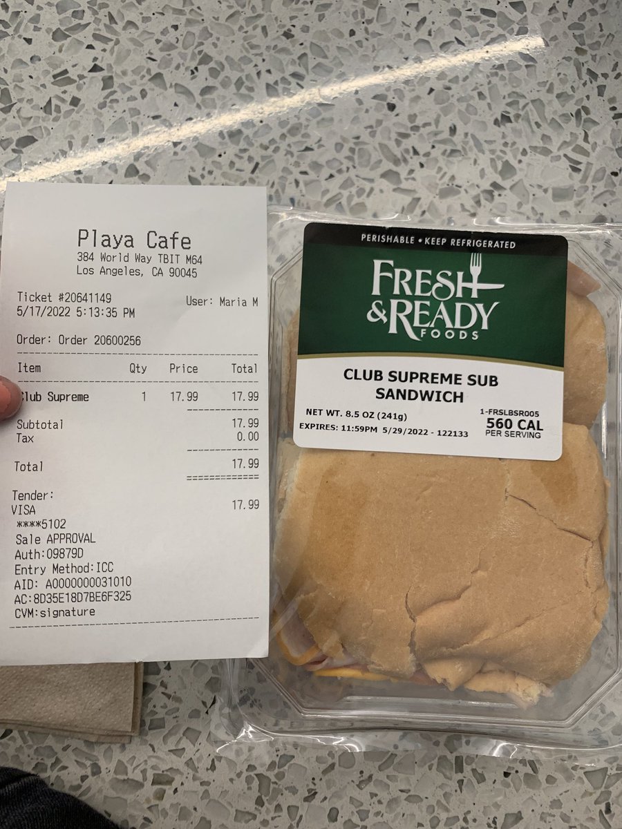 KaraLindquist's tweet photo. Really, LAX? $18 for a smashed roll with a slice of ham and cheese, and a packet of Mayo? https://t.co/EZFf4IZCY6