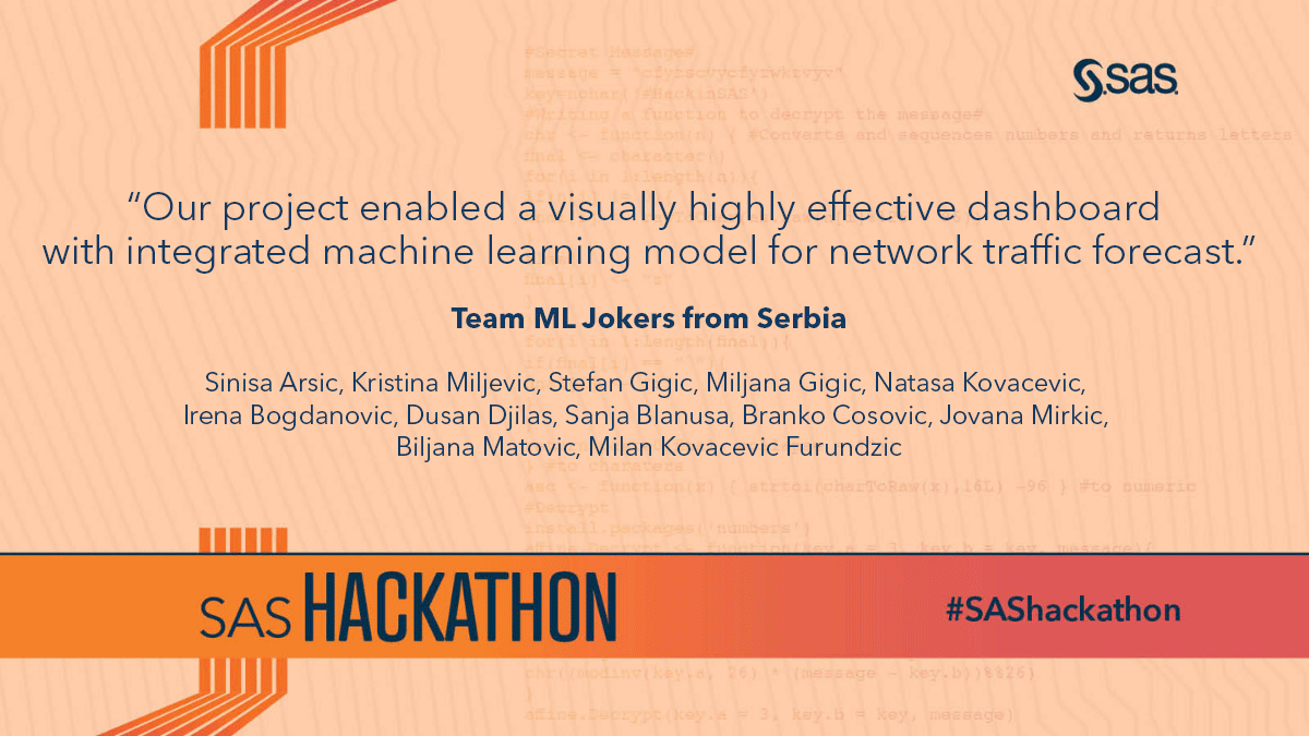 3dlayop's tweet photo. During our #SAShackathon, teams and mentors collaborated to find solutions to specific challenges. Team ML Jokers from Serbia worked on a use case to build a #MachineLearning model covering topic of network traffic forecasting, in order to solve network  https://t.co/ogRWr5Owmz https://t.co/OqWPVMivAz