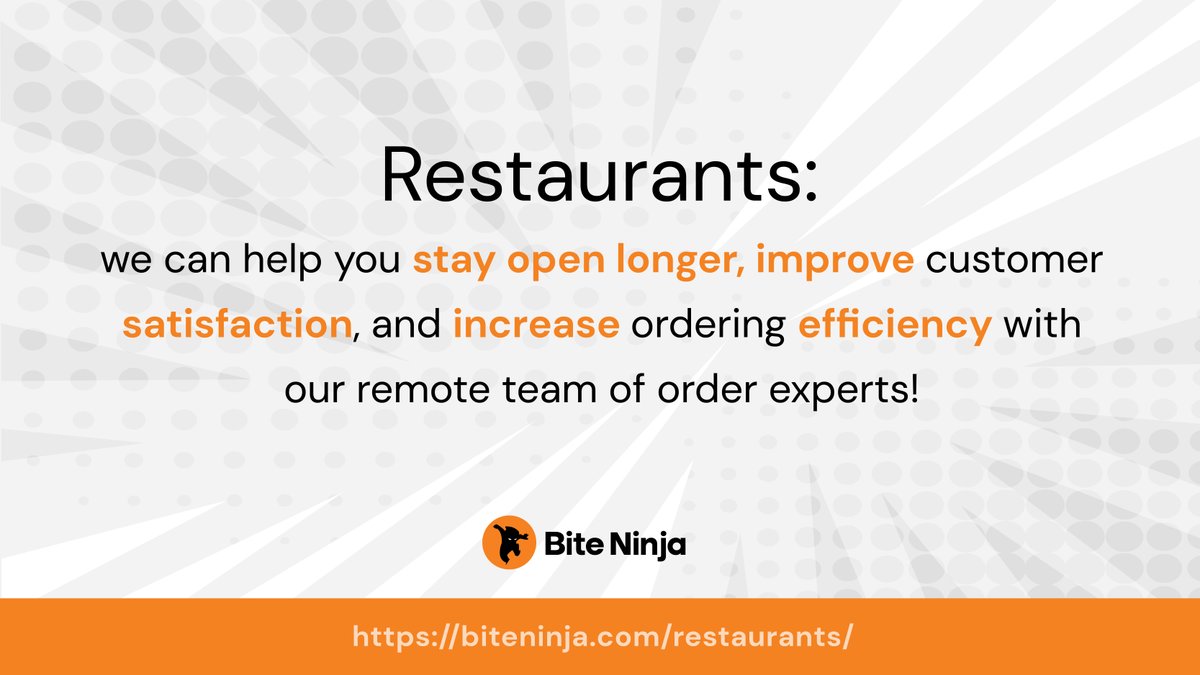 Restaurants: we can help you stay open longer, improve customer satisfaction, and increase ordering efficiency with our remote team of order experts! Learn about our revolutionary new solution: bit.ly/344wQen