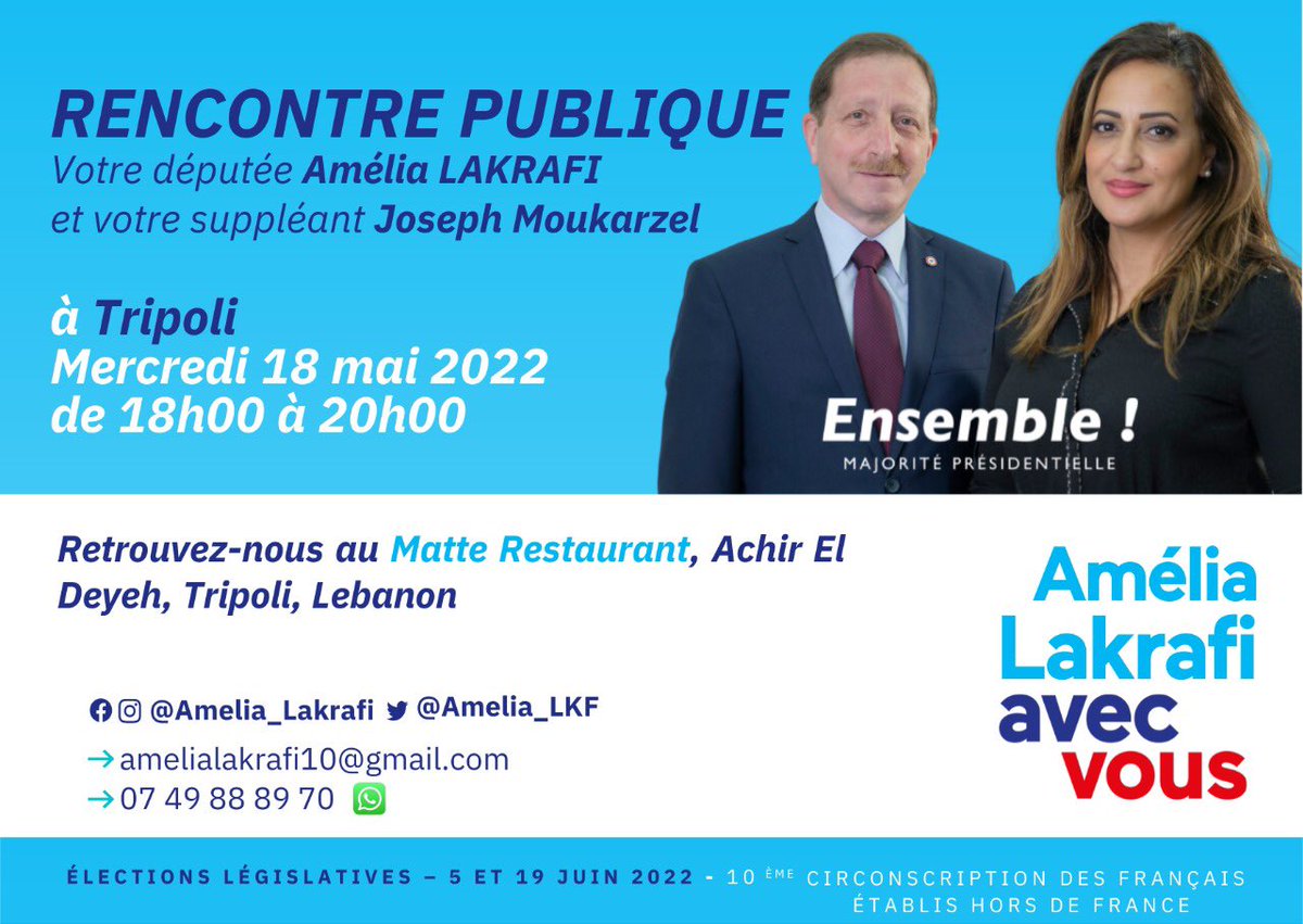 md1208's tweet photo. #Législatives2022
Français du Nord, on vous attend nombreux pour rencontrer notre députée @Amelia_LKF et son suppléant @moukarzeljoe afin de répondre à vos attentes, et vos questions. Elle partagera avec vous son bilan et son programme électoral. https://t.co/axpDb90mp8