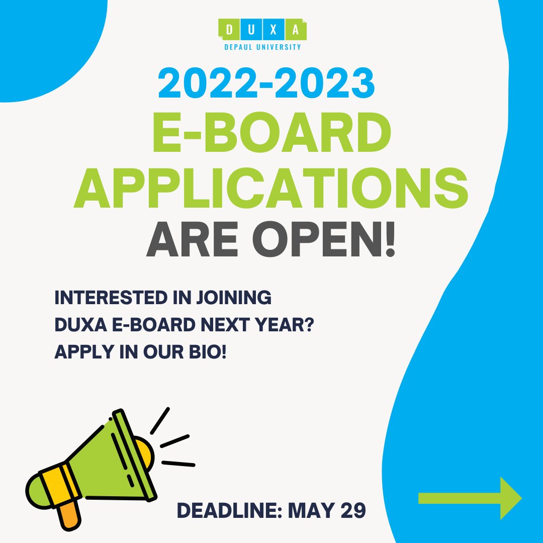duxadepaul's tweet photo. Attention DUXA members! We're excited to announce that we will be opening up our applications for DUXA's 2022-2023 school year e-board! Please read through the position descriptions and apply if you could see yourself filling any of these roles. (1/2) https://t.co/1F8W4Rvi4K