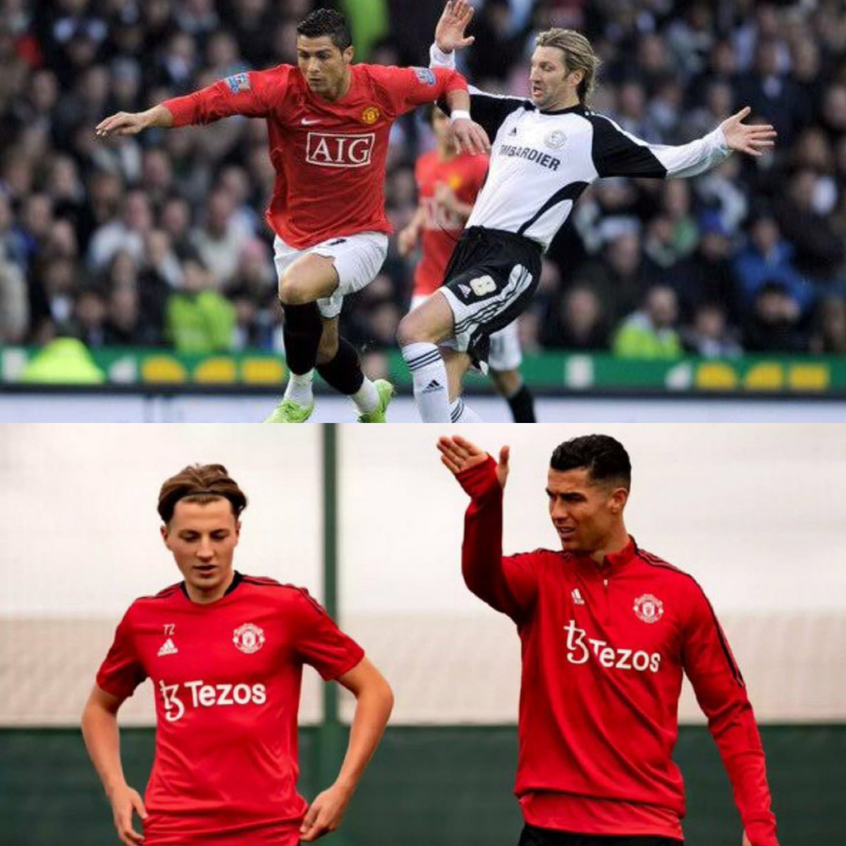Cristiano Ronaldo with Robbie Savage before and now training with his son Charlie Savage.

Ridiculous LONGEVITY.