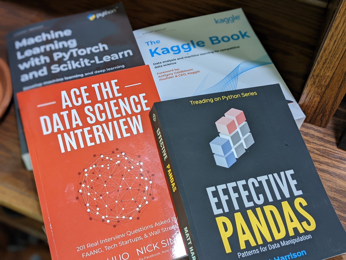 Looking for practical data science books? 🎓Ace the Interview by @NickSinghTech 🚀ML by @rasbt \n🥇Kaggle by @tng_konrad @lucamassaron 🐼Pandas by @__mharrison__