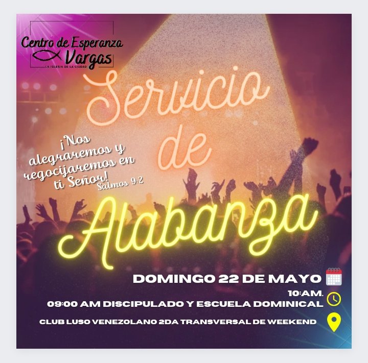 FCDEVPLC's tweet photo. Te invitamos a nuestro servicio de alabanza este domingo 22 de mayo a las 10am en el Club Luso venezolano. 2da transversal de la urbanización WeekEnd al final. 
09am Discipulado/Escuela dominical.
10 AM Servicio.
¡Te esperamos! https://t.co/Ir5xmagSOL