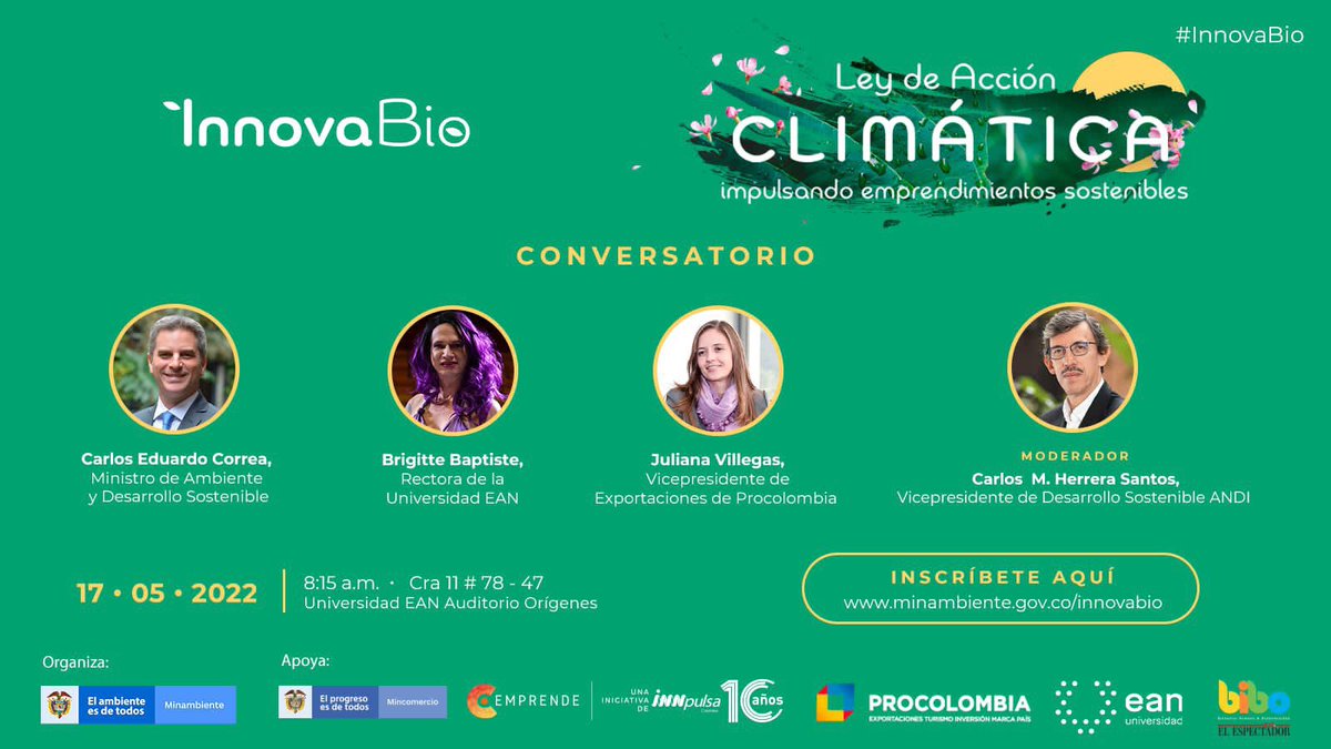InnovaEnergyCO's tweet photo. En conversatorio #innovabio con Ministro @CarlosECorreaE @MinAmbienteCo y @UniversidadEan @InnpulsaCol @ANDI_Colombia @PROCOLOMBIACO @elespectador analizando retos y oportunidades de nuestra tecnología @InnovaEnergyCO con Ley de Acción climática https://t.co/1fyeHIjlvJ