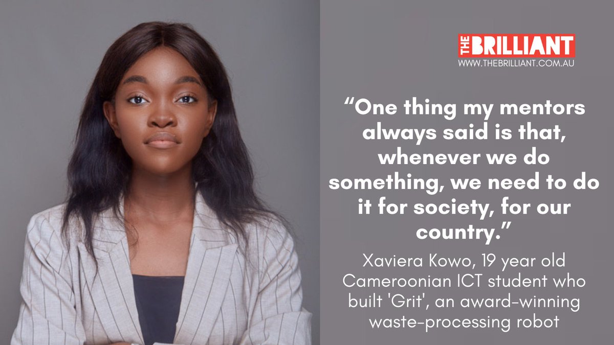 thebrilliantHQ's tweet photo. Meet 19-year-old @XavieraKowo, a computer-science student at ICT University in Cameroon’s capital city, Yaounde, who designed an award-winning waste-processing robot. Brilliant! https://t.co/ak5nmdqWUZ #scicomm #womeninstem https://t.co/8mVLtg1eUu
