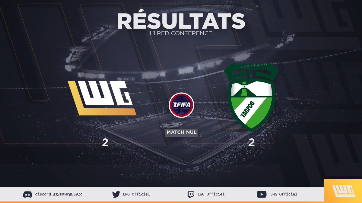 Capricarolesque's tweet photo. ⚽ | Résultats

🏆 | @eSportFA_FR 
         LIGUE 1 Red Conférence
  
🆚 | @TACFCO_eFoot
🤝 | 2-2

🆚 | @EquinoxeUnited
🤝 | 0-0

#LWG_Officiel #eSports #ESPORTFA22 #WeAreLWG
@BiGsPUMAS https://t.co/aQLN3BjhNl