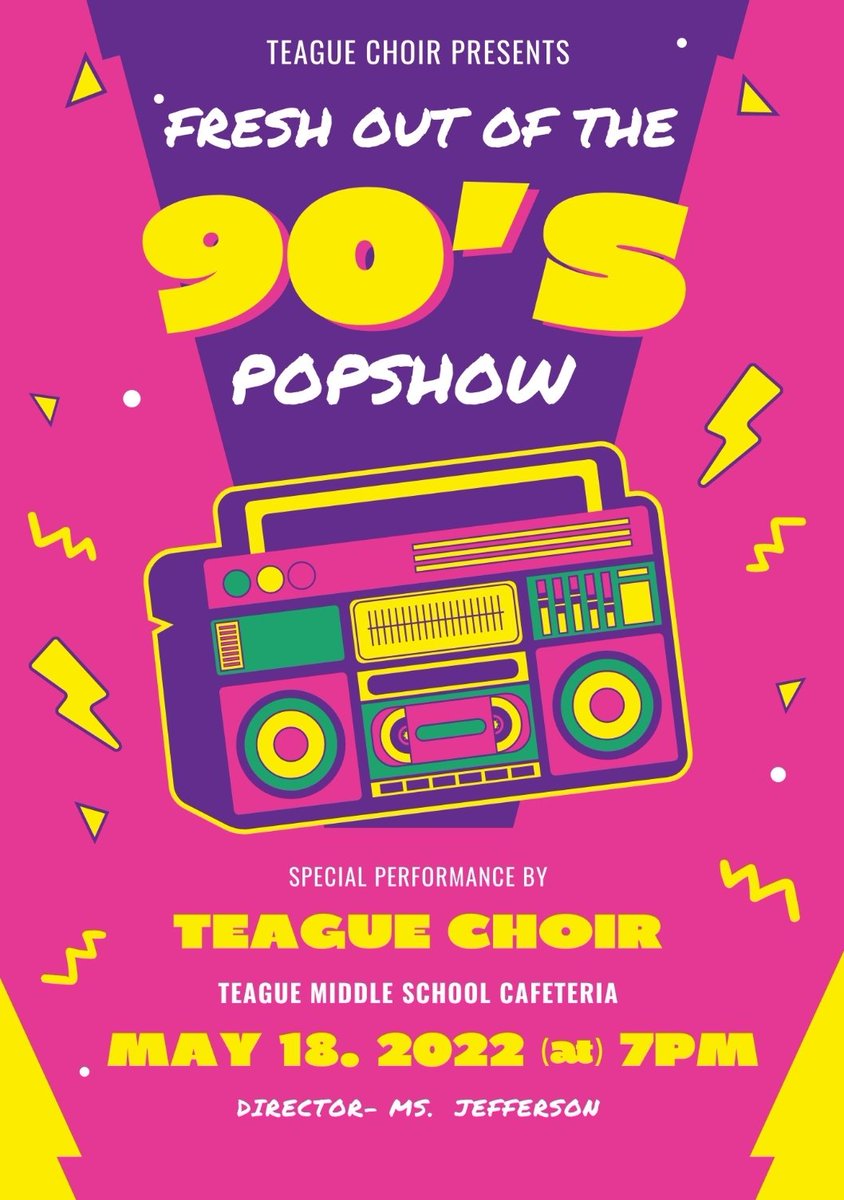 Catch the Teague Choir for our last show of the year. This year's Pop Show is titled "Straight out of the 90s."  This will be so much fun! We have some TLC, Selena, No Doubt, Spice Girls, Tupac, and so much more!!!

 7pm in the Cafeteria.... see you there!!!!