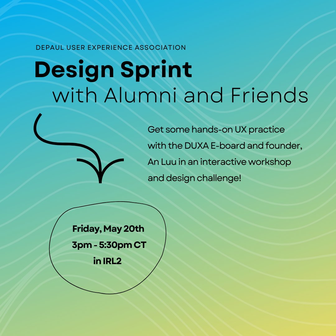 duxadepaul's tweet photo. Join us for an interactive design challenge on Friday, May 20th from 3pm to 5:30pm CT at the IRL2 (Schmitt Academic Center, Room 236). 

This fun workshop will help us learn more about the design process through a mini design sprint. (1/2) https://t.co/BHArvCwgtu