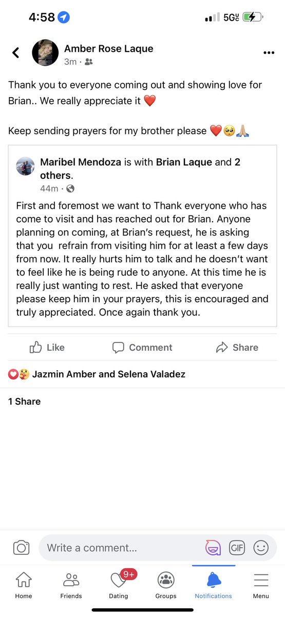 For anyone who wants to visit Brian.. 

He is very tired and needs his rest at the moment. 

But we truly appreciate all of you 🙏🏼❤️ 

Keep praying please 🙏🏼🙏🏼🙏🏼