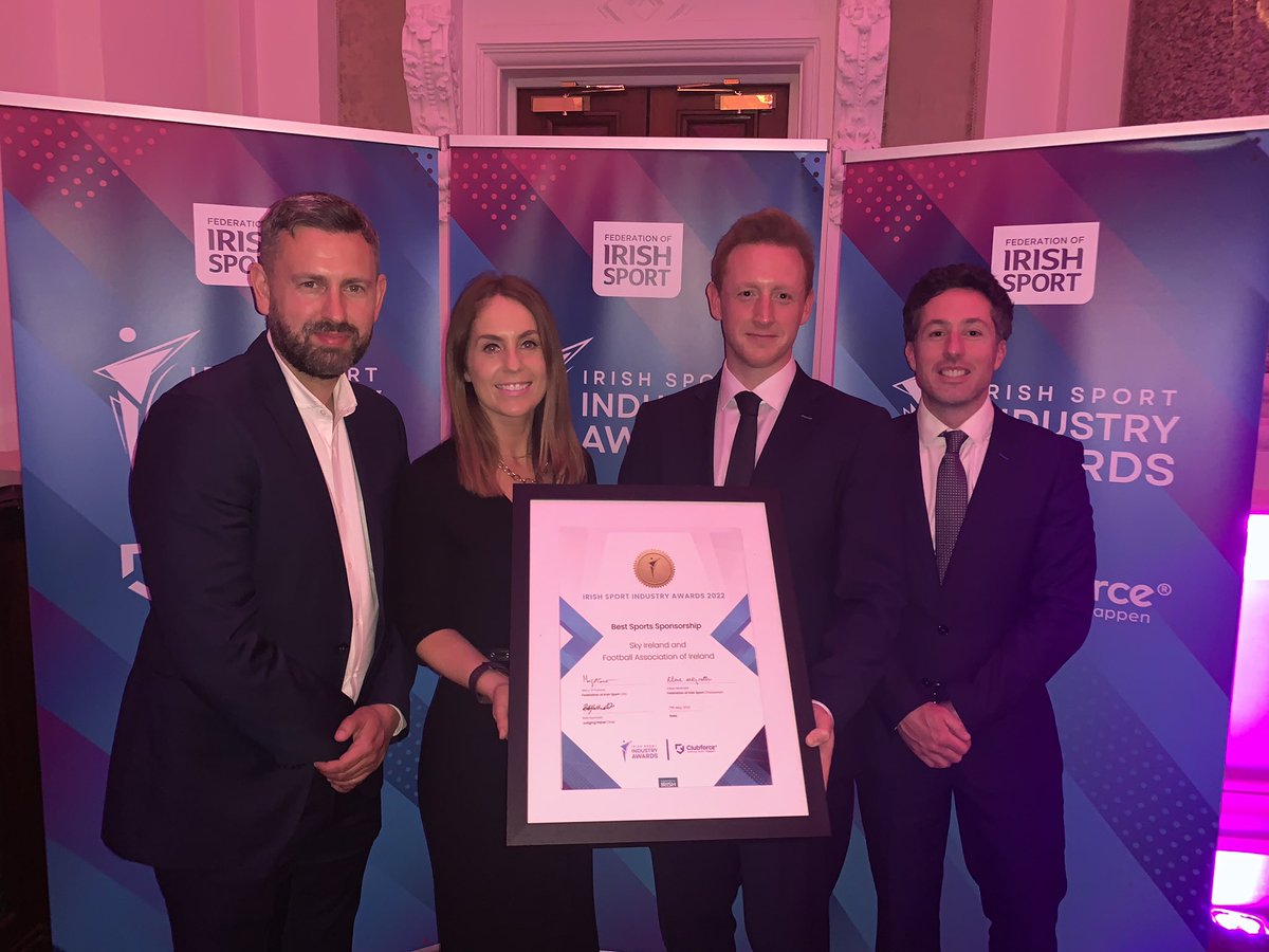 NealCummins's tweet photo. Great night for @SkyIreland at the @iresport Sports Industry Awards. Delighted to pick up the Best Sports Sponsorship Award for our partnership with @FAIWomen. #SportMatters https://t.co/z8ul71Eqne