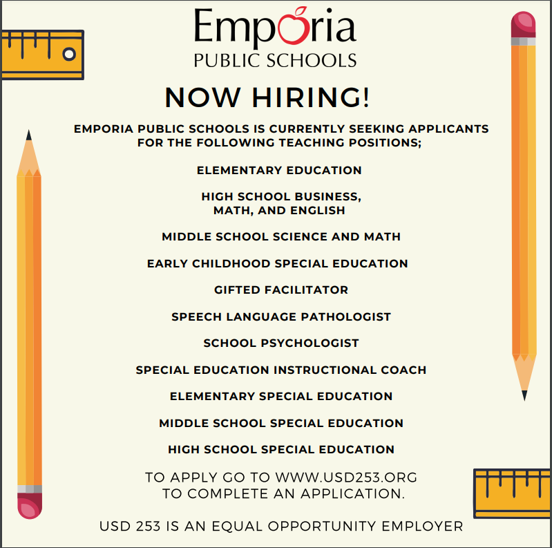 Emporia Public Schools is seeking applicants for a variety of teaching positions.  To apply go to: applitrack.com/emporia/online…