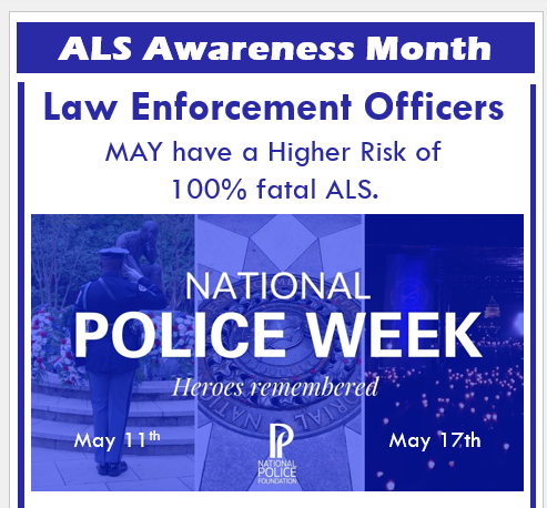 aVoice4ALS's tweet photo. . #ALSclusters among several police depts. If you know of #LawEnforcement officers w #ALS, please reach out

Exposures to Lead in firearms training, chemicals, concussions, 9/11 are risk factors

#LawEnforcement #PoliceWeek2022 #PoliceWeek 
#ALSAwarenessMonth #SWAT 
@jonstewart https://t.co/ddBhqmObpX