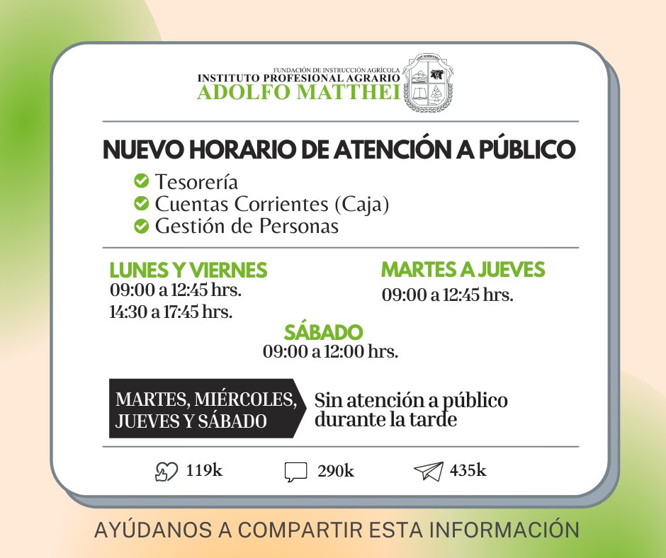 ipaamatthei's tweet photo. Nuevo horario de atención a público de Tesorería, Cuentas Corrientes y Gestión de Personas del @ipaamatthei de #osorno
#soydelamatthei #adolfomatthei #LosLagos #ipaam #ATENCION https://t.co/EAhYuMi1pw