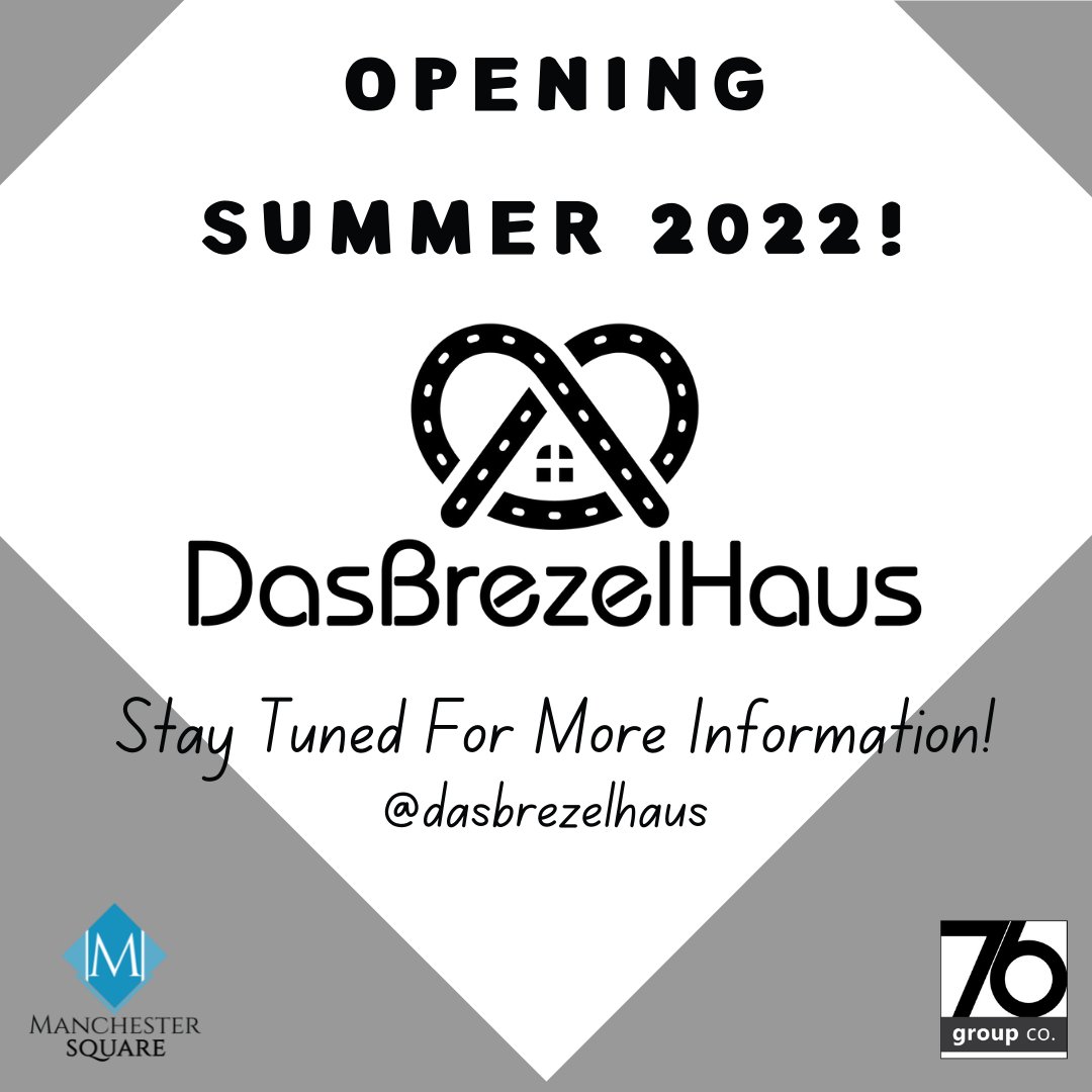 Das Brezel Haus will be opening this summer at Manchester Square! We cannot wait for them to join the other amazing local businesses!  Come try their delicious hand crafted gourmet pretzels and Cinnabuns!

Stay tuned for opening dates!